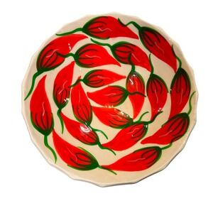 Hand Painted Chili Pepper SpicyCeramic Tripod Footed Bowl Folk Art Decor Sz 6.5"